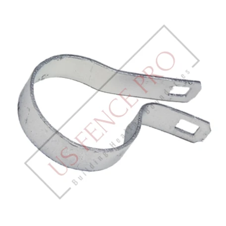 Galvanized steel chain-link fence tension band resting on a plain surface, showing its curved shape and smooth metallic finish, designed for securing fence fabric to posts in outdoor environments, neutral and practical tone, no visible text