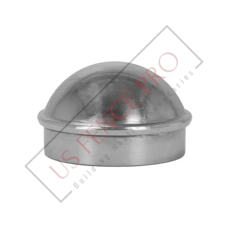 Galvanized steel chain-link fence terminal cap resting on a plain surface, showing its rounded shape and smooth metallic finish, designed to fit securely on fence posts in outdoor environments, neutral and practical tone, no visible text