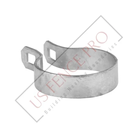 Galvanized steel chain-link fence brace band resting on a plain surface, showing its circular shape and smooth metallic finish, designed for securing fence rails in outdoor environments, conveying durability and reliability