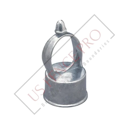 Galvanized steel chain-link fence line post top fitting resting on a plain surface, showing its circular shape and smooth metallic finish, designed for securing fence rails in outdoor environments, conveying durability and reliability